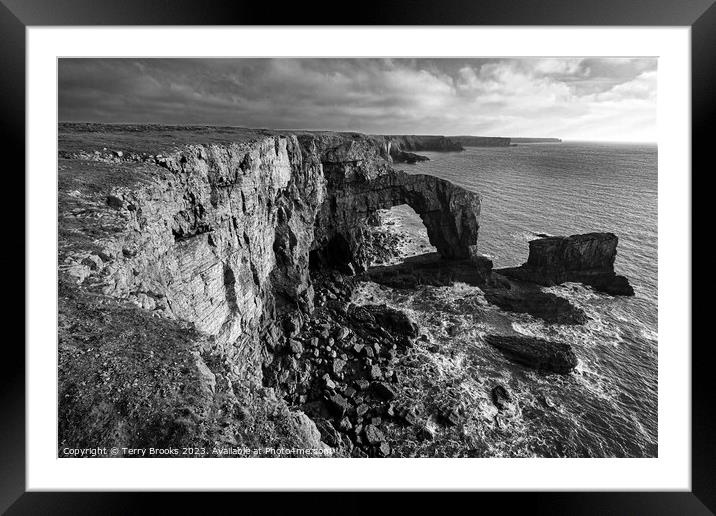 The Green Bridge of Wales Black and White Pembrokeshire West Wales Framed Mounted Print by Terry Brooks