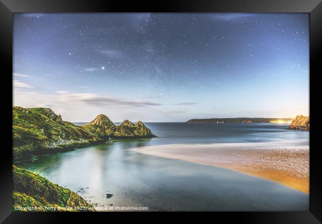 Star Trails over Three Cliffs Bay, Gower, South Wales Framed Print by Terry Brooks