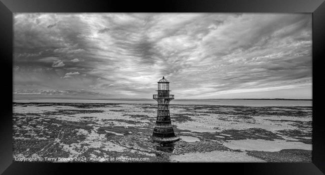 Whiteford Lighthouse Dramatic Black and White Framed Print by Terry Brooks