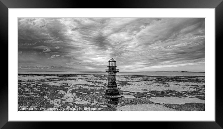 Whiteford Lighthouse Dramatic Black and White Framed Mounted Print by Terry Brooks