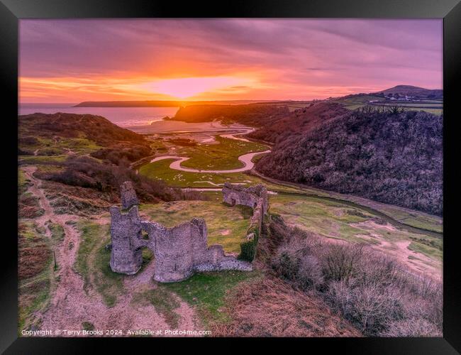 Pennard Castle and Three Cliffs Bay Sunset Framed Print by Terry Brooks