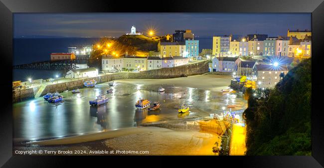 Tenby Harbour at Night Framed Print by Terry Brooks