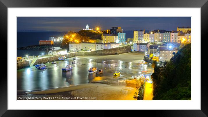 Tenby Harbour at Night Framed Mounted Print by Terry Brooks