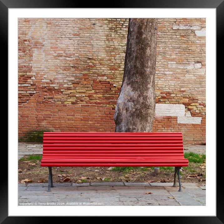 Solitary Red Bench in Venice Italy Framed Mounted Print by Terry Brooks