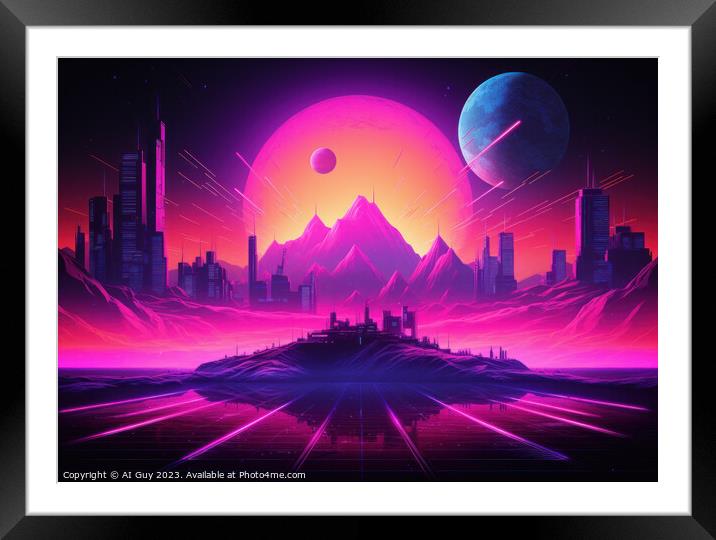 Synthwave City Mountains Framed Mounted Print by Craig Doogan Digital Art