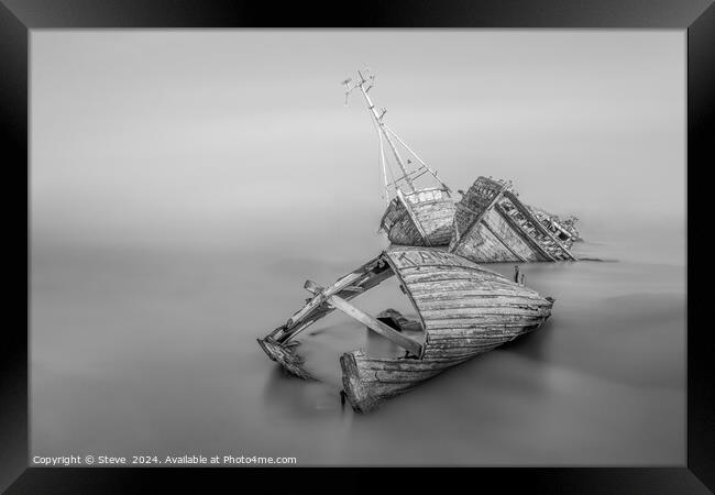 Fine Art Black and White View of Dilapidated Boat Wrecks on the River Orwell, Pin Mill, Suffolk Framed Print by Steve 
