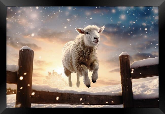 Sheep jumping over fence  Framed Print by CC Designs
