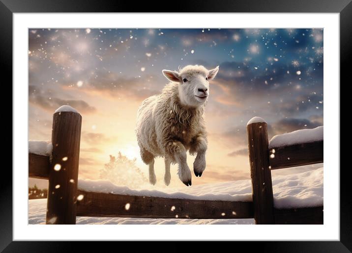 Sheep jumping over fence  Framed Mounted Print by CC Designs