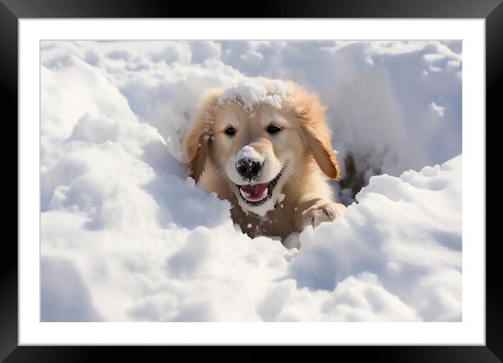 Golden retriever playing int he snow  Framed Mounted Print by CC Designs