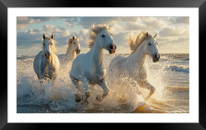 Wild Horses Running through the Surf  Framed Mounted Print by CC Designs