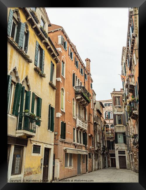 Empty Pastel Colored Venetian Street During Winter Framed Print by Madeleine Deaton