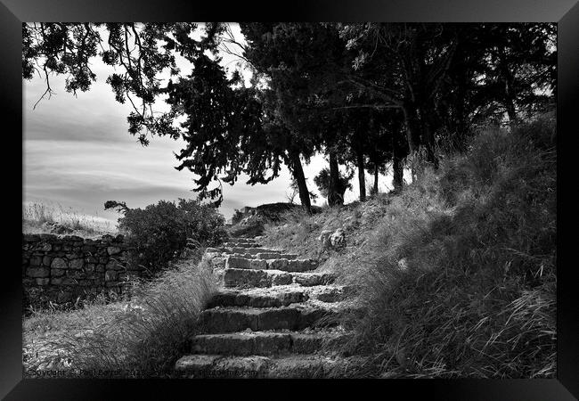 Steps to Acropolis, Rhodes, monochrome Framed Print by Paul Boizot