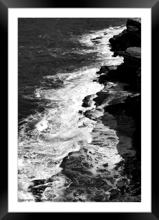 Waves on the rocks, Filey Brigg 4, monochrome Framed Mounted Print by Paul Boizot