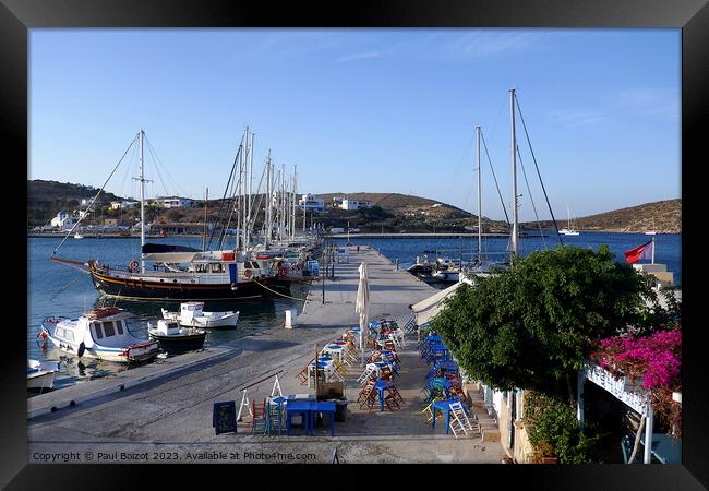 Lipsi morning boats and ouzerie Framed Print by Paul Boizot