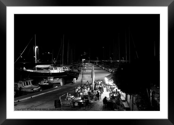 Lipsi evening boats and ouzerie, monochrome Framed Mounted Print by Paul Boizot