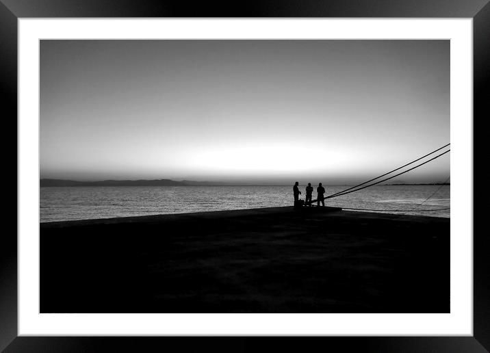 Dawn ferrymen, Kos Town 1, monochrome Framed Mounted Print by Paul Boizot