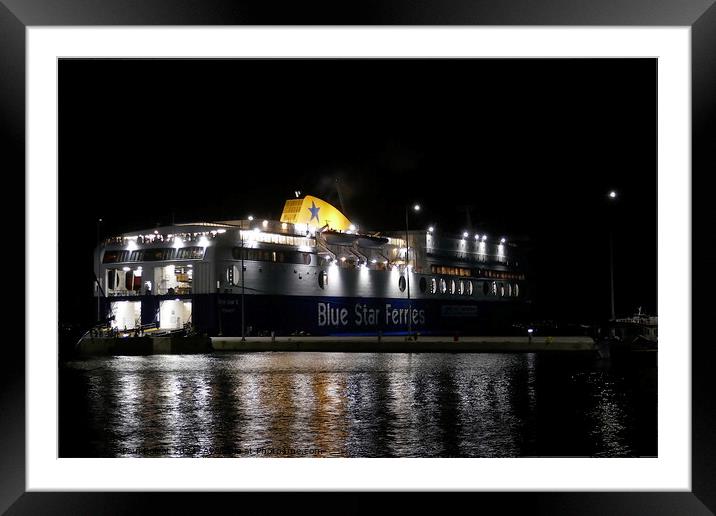 Ferry at night, Kos Town Framed Mounted Print by Paul Boizot
