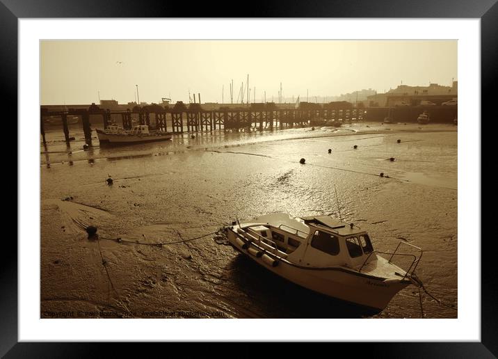 Bridlington harbour, low tide, sepia Framed Mounted Print by Paul Boizot