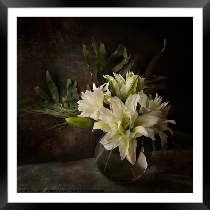 White lilies, Still life Framed Mounted Print by Lesley Carruthers