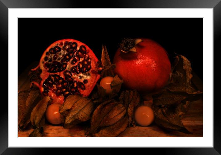 Cut Pomegranates and Physalis Framed Mounted Print by Simon Gladwin