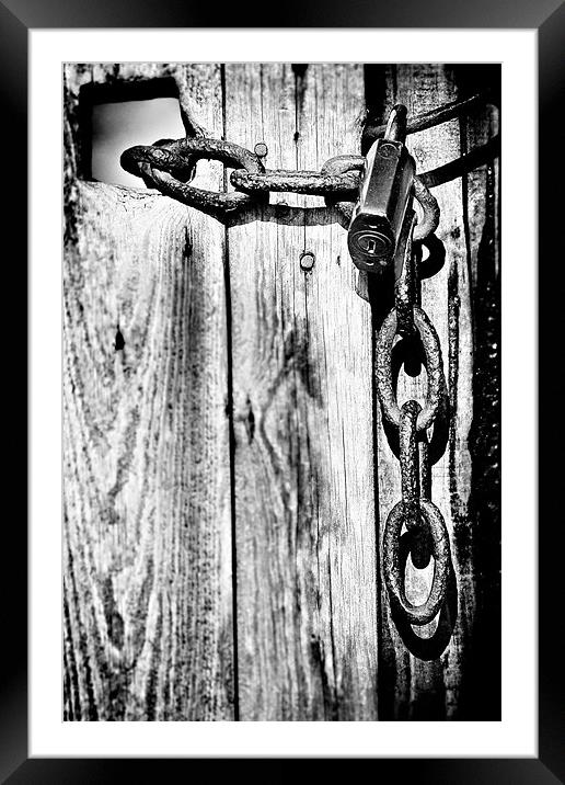 Black and White Rusty Chain and Padlock Framed Mounted Print by Simon Gladwin