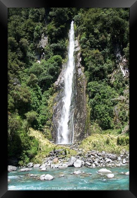 Thunder Creek Falls, New Zealand Framed Print by Emma Robertson