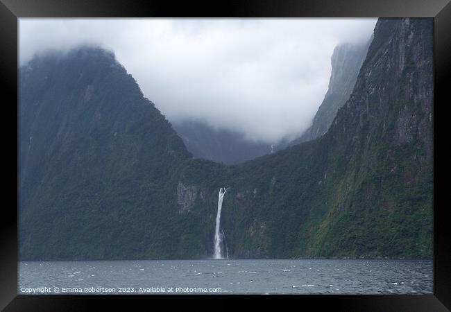 U-shaped valley with waterfall, Milford Sound, New Zealand Framed Print by Emma Robertson