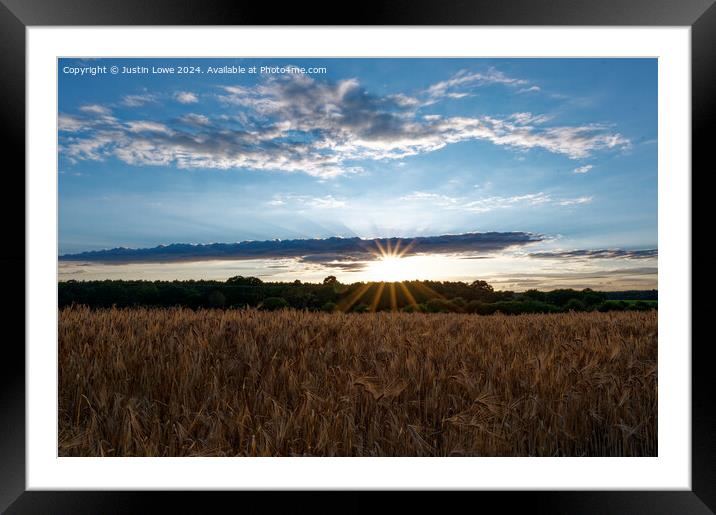 Setting sun over wheat field Framed Mounted Print by Justin Lowe