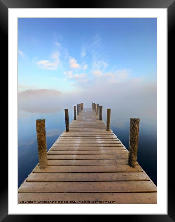 A jetty leading into the foggy lake Ullswater  Framed Mounted Print by Christopher Marchant