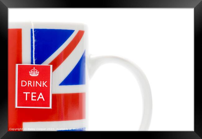 Drink Tea label on tea bag in union jack mug Framed Print by Bailey Cooper