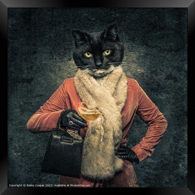 anthropomorphic cat spilling champagne from a glas Framed Print by Bailey Cooper