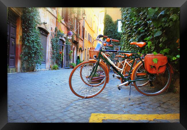 Bicycle standing in front of store on old street of Rome . Framed Print by Virginija Vaidakaviciene
