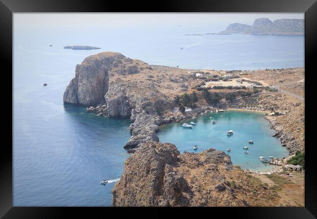 Panoramic view of Saint Pauls Bay in shape of heart from Acropolis of ancient city of Lindos, Rhodes, Greece Framed Print by Virginija Vaidakaviciene