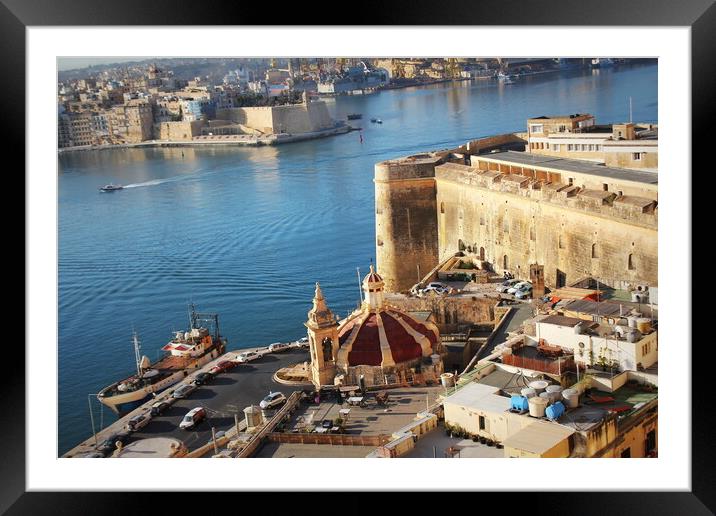 Panoramic skyline view of ancient defences of Valletta, Tree cities and the Grand Harbor, Malta Framed Mounted Print by Virginija Vaidakaviciene
