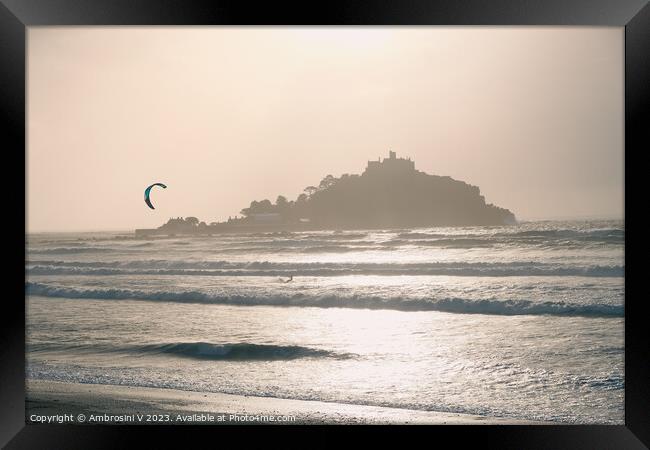 St Michael's Mount kitesurfer at sunset Framed Print by Ambrosini V