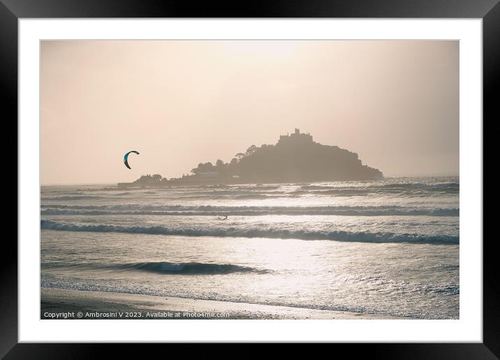 St Michael's Mount kitesurfer at sunset Framed Mounted Print by Ambrosini V