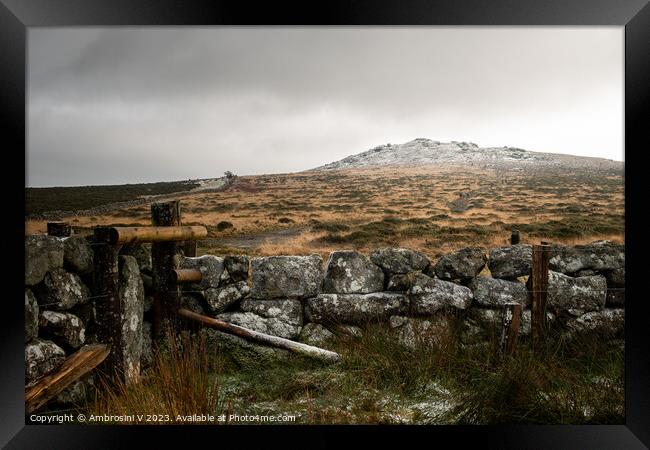 Snow on top of Rippon Tor in Dartmoor National Park, Devon, UK Framed Print by Ambrosini V