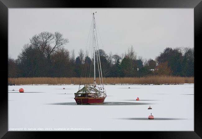 Oulton Broad Lowestoft Suffolk Covered In Snow  Framed Print by James Allen