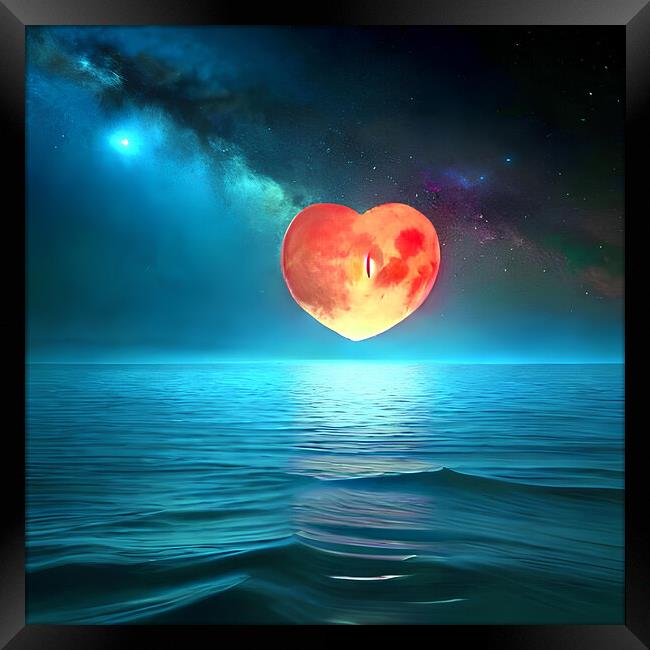 Moon, sky, heart, valentine's day, water, ocean, nature, beauty, night, feeling Framed Print by Reinaldo França