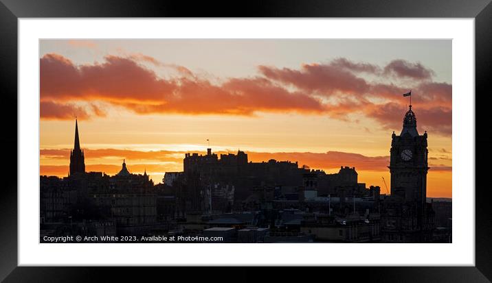 Sunset over Edinburgh city centre, Scotland, UK.  Framed Mounted Print by Arch White