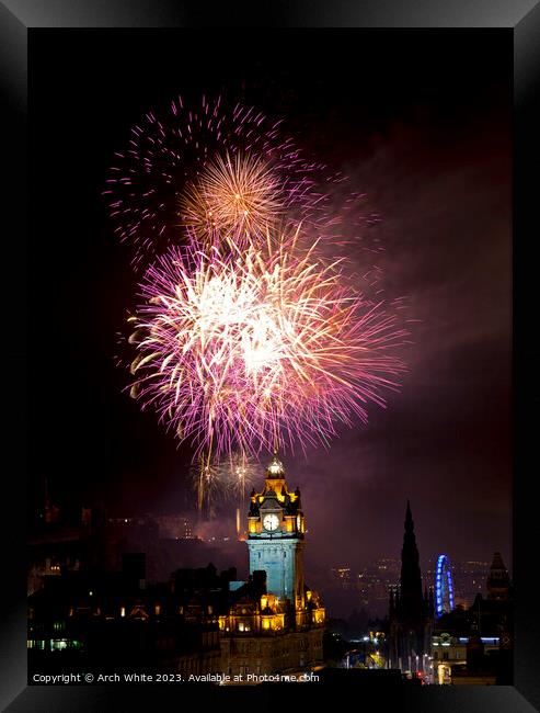 Edinburgh fireworks, city centre, Scotland, UK Framed Print by Arch White