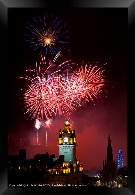 Edinburgh fireworks, city centre, Scotland, UK Framed Print by Arch White