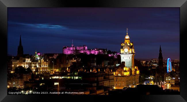 Edinburgh city lights, evening scene, Scotland, UK Framed Print by Arch White