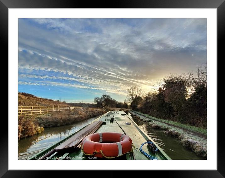 Narrowboat Travelling Down A Wintery Oxford Canal  Framed Mounted Print by Sandie 