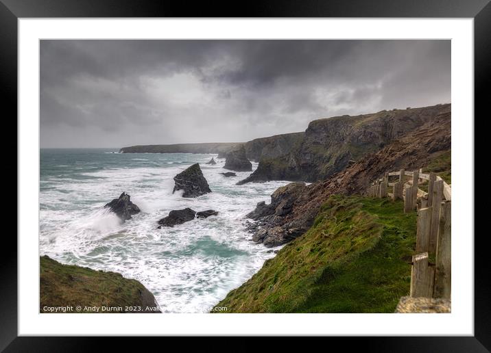 Nature's Fury: Bedruthan Steps in the Storm Framed Mounted Print by Andy Durnin