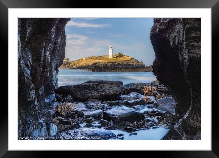 Godrevy Lighthouse: Framed by Nature's Embrace Framed Mounted Print by Andy Durnin