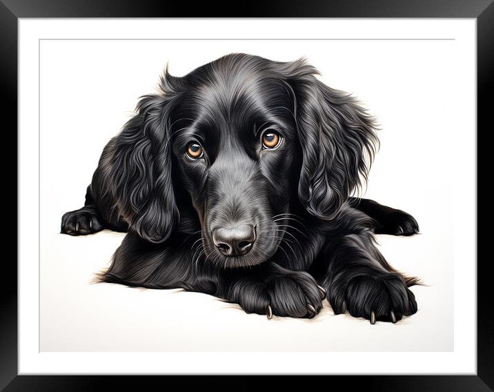 Flat Coated Retriever Pencil Drawing Framed Mounted Print by K9 Art