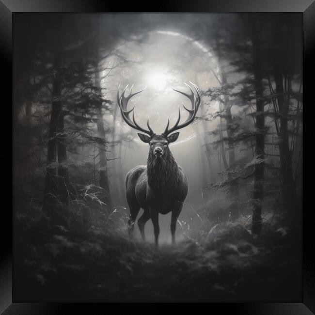 Red Stag At Night Framed Print by Fraser Hetherington