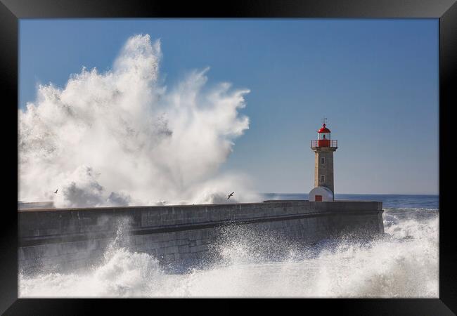 Storm waves over the Lighthouse Framed Print by Olga Peddi