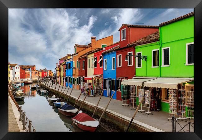 Colorful houses and canal on Burano island, near V Framed Print by Olga Peddi